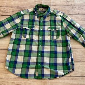 VTG Timberland Men's XL Plaid Button-Down Shirt - Green Blue Check